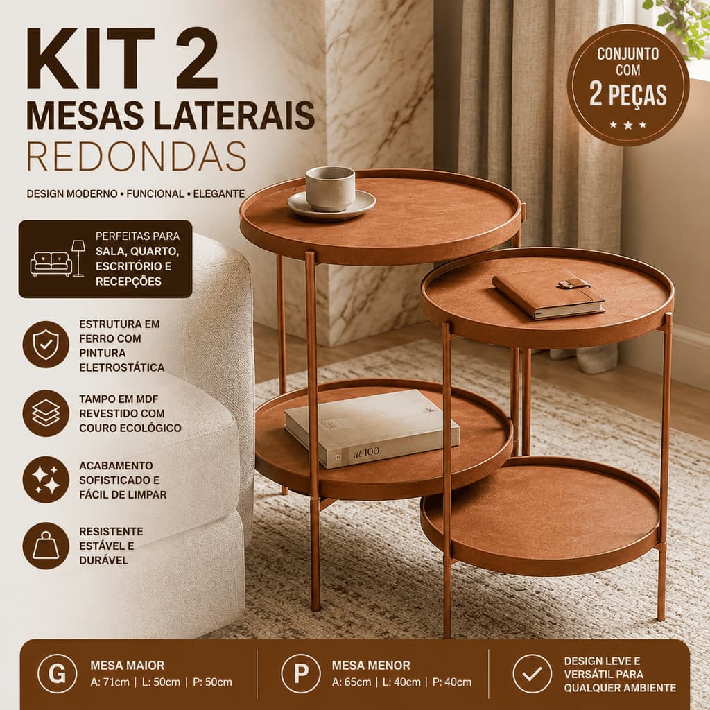 Kit 2 Mesas Laterais Redondas para Sala Mesa de Apoio Sofá