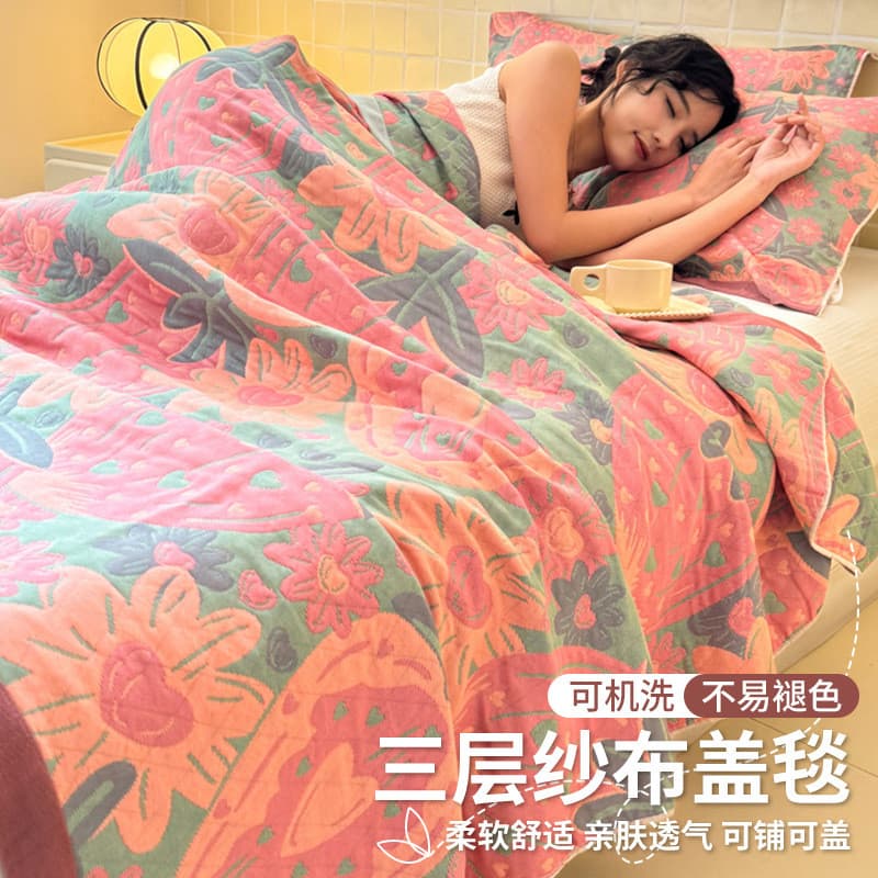 Gaze de três camadas ar condicionado sofá cobertor cochilo cobertor cama toalha colcha conjunto de três peças