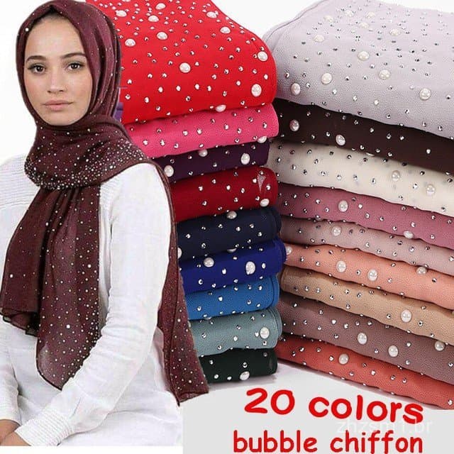 Hijab de Chiffon com Pérolas e Strass para Mulheres, Pérolas Brancas MSL077, Xale Muçulmano, Pashmina, Lenço, Atacado