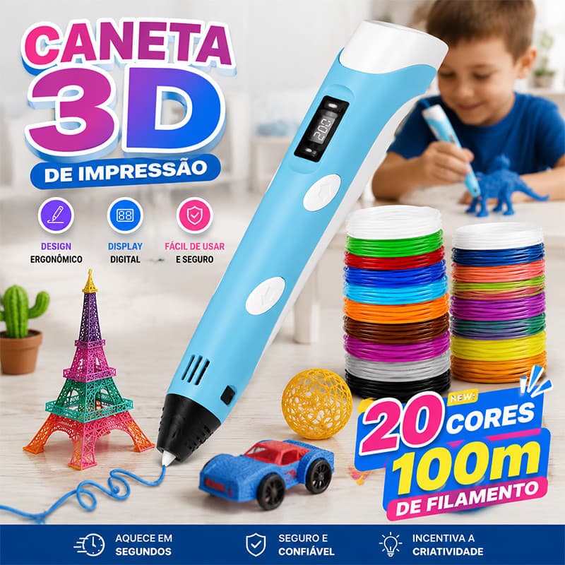 Caneta Impressora 3D Infantil com Filamentos ABS PLA Brinquedo Educativo Criativo e Seguro para Crianças
