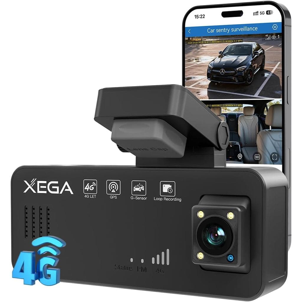 Câmera Veicular Dupla XEGA 4G LTE com Visualização ao Vivo, Câmera Frontal 2K + Interna 2K Antirroubo, Requer Porta OBD,
