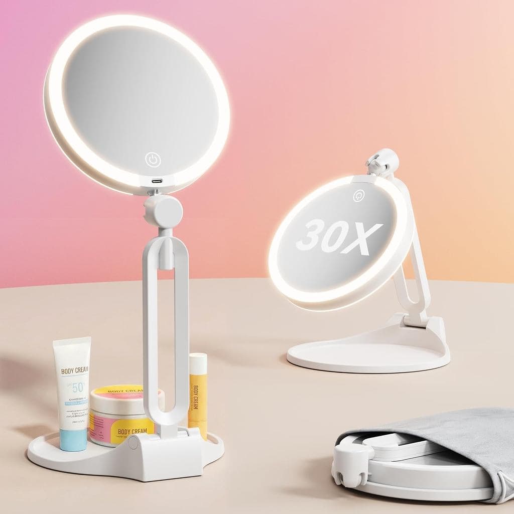 Espelho de Maquiagem Portátil com Luzes 2026 Novo, Espelho Iluminado de Dupla Face com Ampliação de 1X/30X, Iluminação e