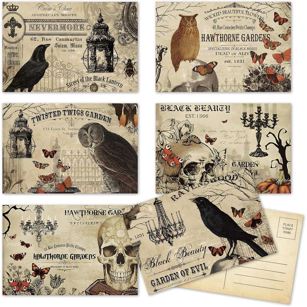 Whaline 36 Cartões Postais de Halloween Vintage com Corujas, Corvos e Caveiras, Sortimento de 6 Designs, Cartões de Saud