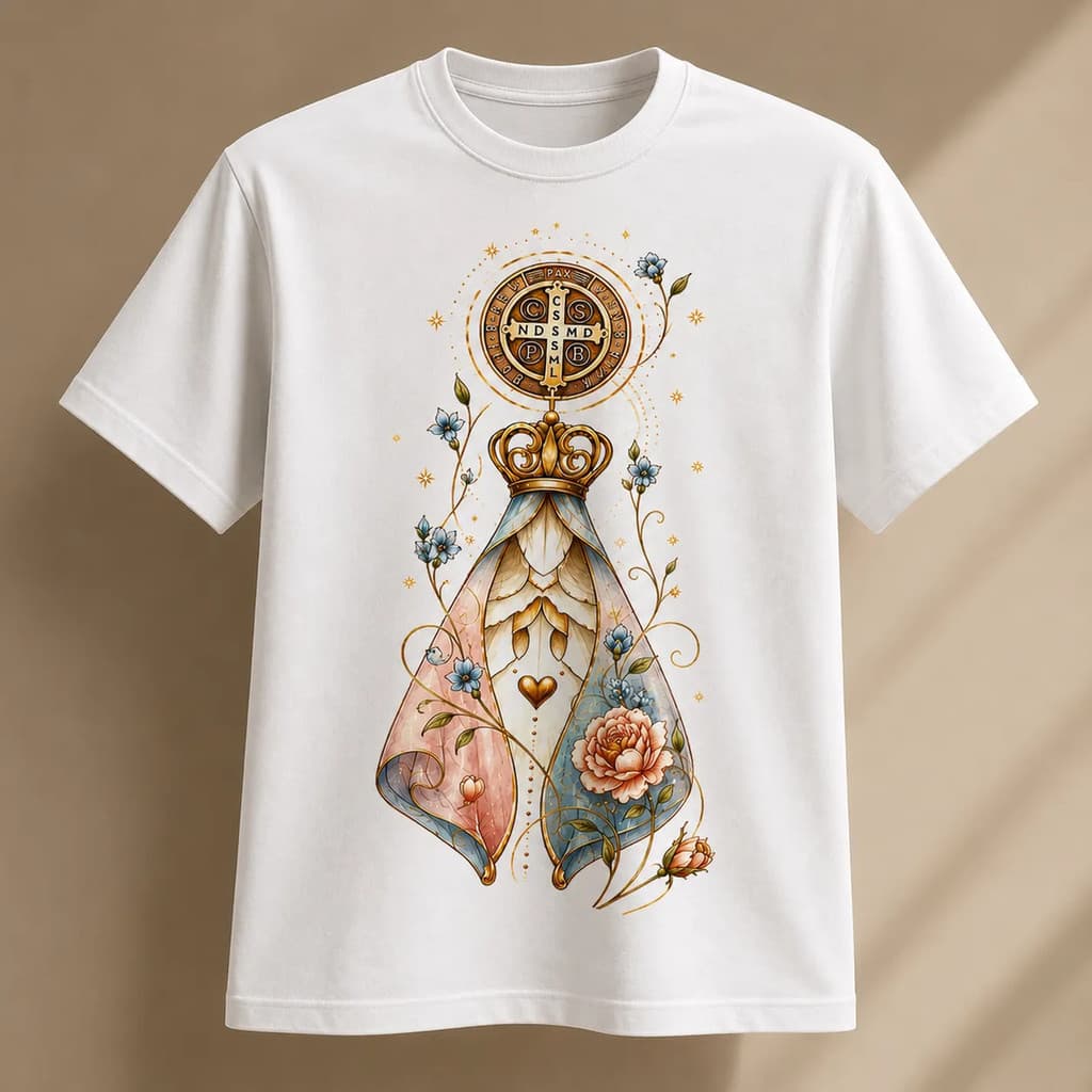 Camisa T Shirt Nossa Senhora Medalha Cores Claras Blusinha