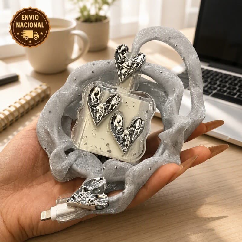 AD Compativel Apple Carregador Kit Protecao Cabo Tecido Franzido Coracao Metalico 3D Ultra Resistente