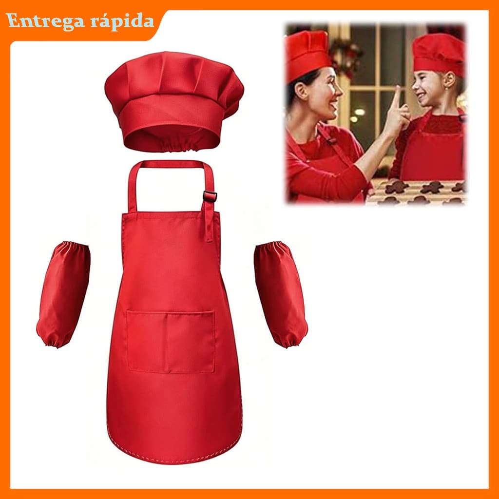 Avental Infantil Vermelho 62x46cm para 7 a 13 Anos com 2 Bolsos Touca e Mangas Protetoras Kit com 1 2 ou 3 Conjuntos