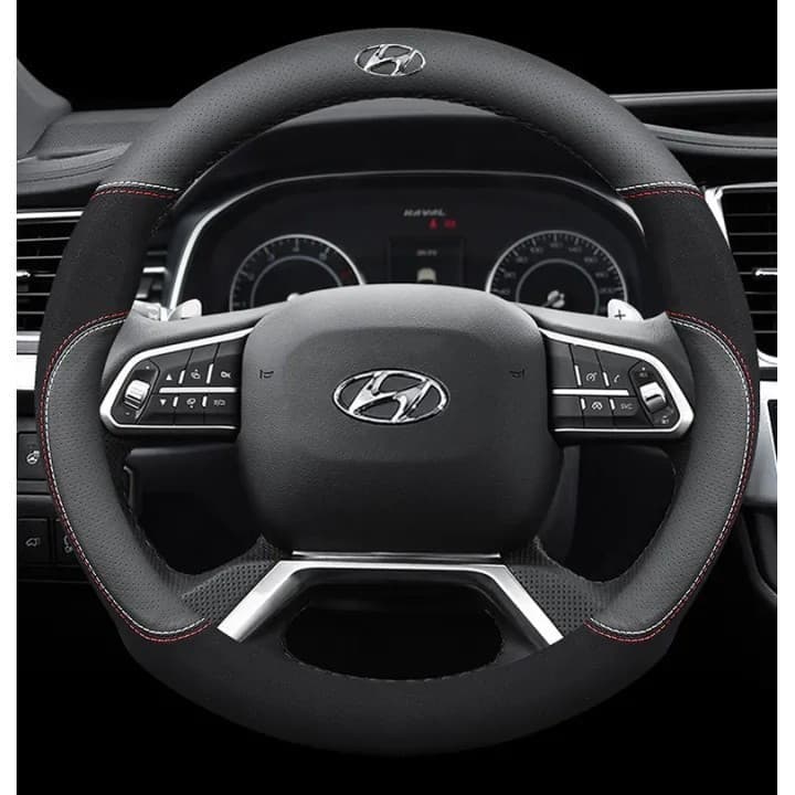 Capa de Volante de Carro Hyundai (Formato Redondo Preto) em Couro, Compatível com Todos os Modelos Hyundai Stagazer, Cre