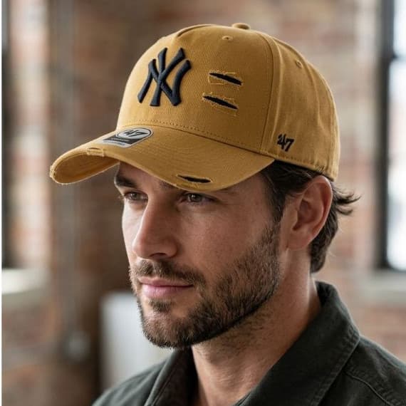 Boné NY Rasgado Destroyed Bordado Alto Relevo Aba Curva Strapback Ajustável Unissex Streetwear