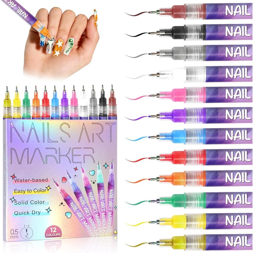Conjunto de 12 Canetas Marcadoras para Nail Art, Marcadores para Unhas, Adequados para Nail Art, Pintura de Unhas e Deco