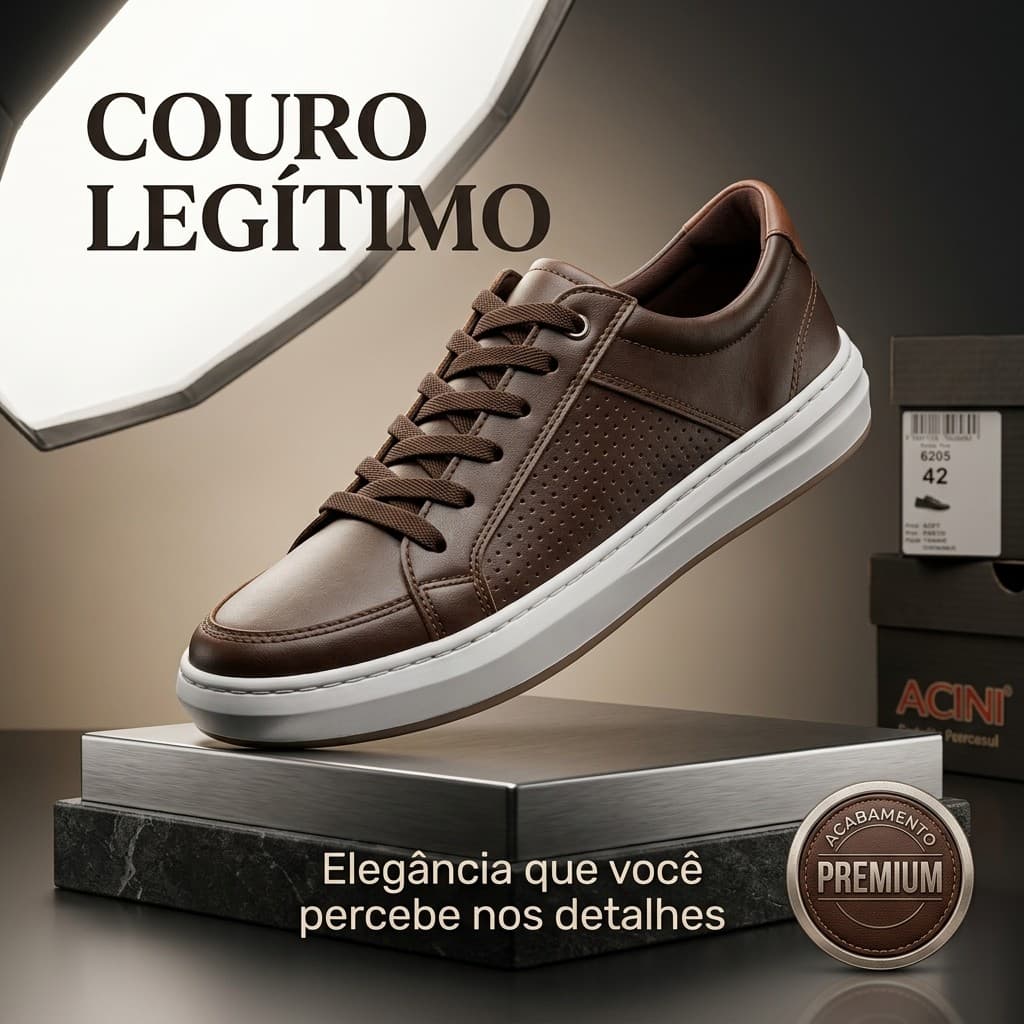 Sapatênis Masculino Couro Legítimo Premium Casual com Cadarço Confortável Moderno Trabalho Dia a Dia Esporte Fino Luxo