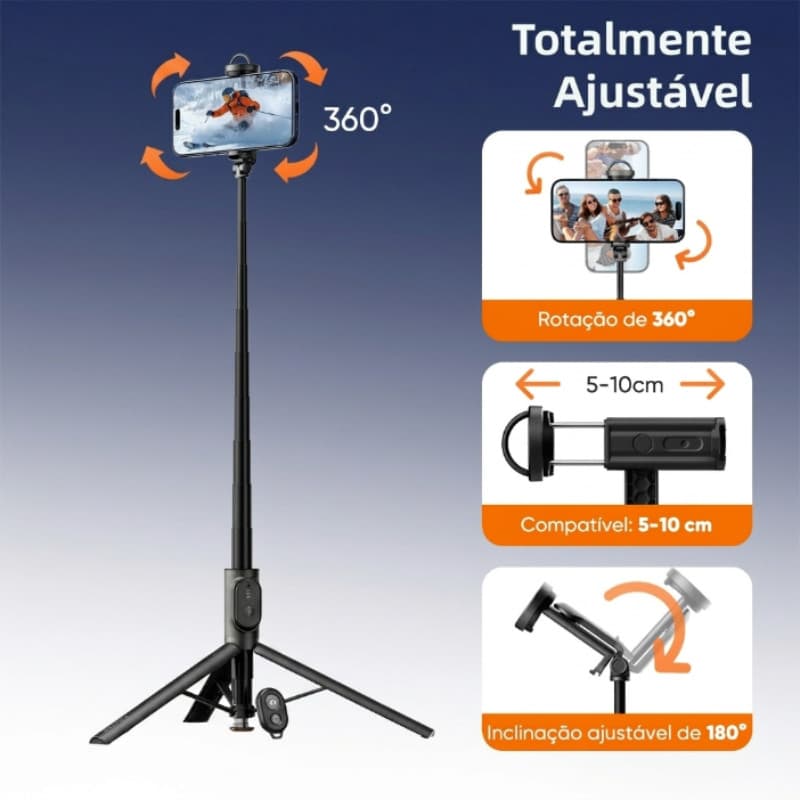 Tripé Selfie 1,7m com Abertura Automática ao Tocar no Chão - Bastão de Alumínio Bluetooth para Viagens, Lives