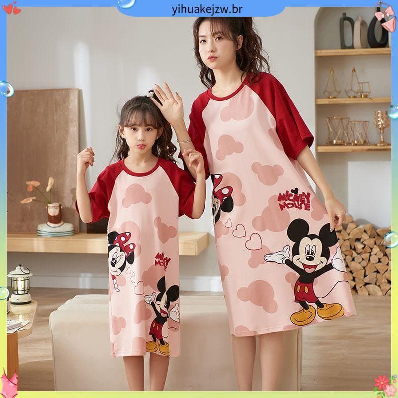 Pijamas infantis meninas verão manga curta fino puro algodão meninas camisola dos desenhos animados Mickey Mouse mãe-fil
