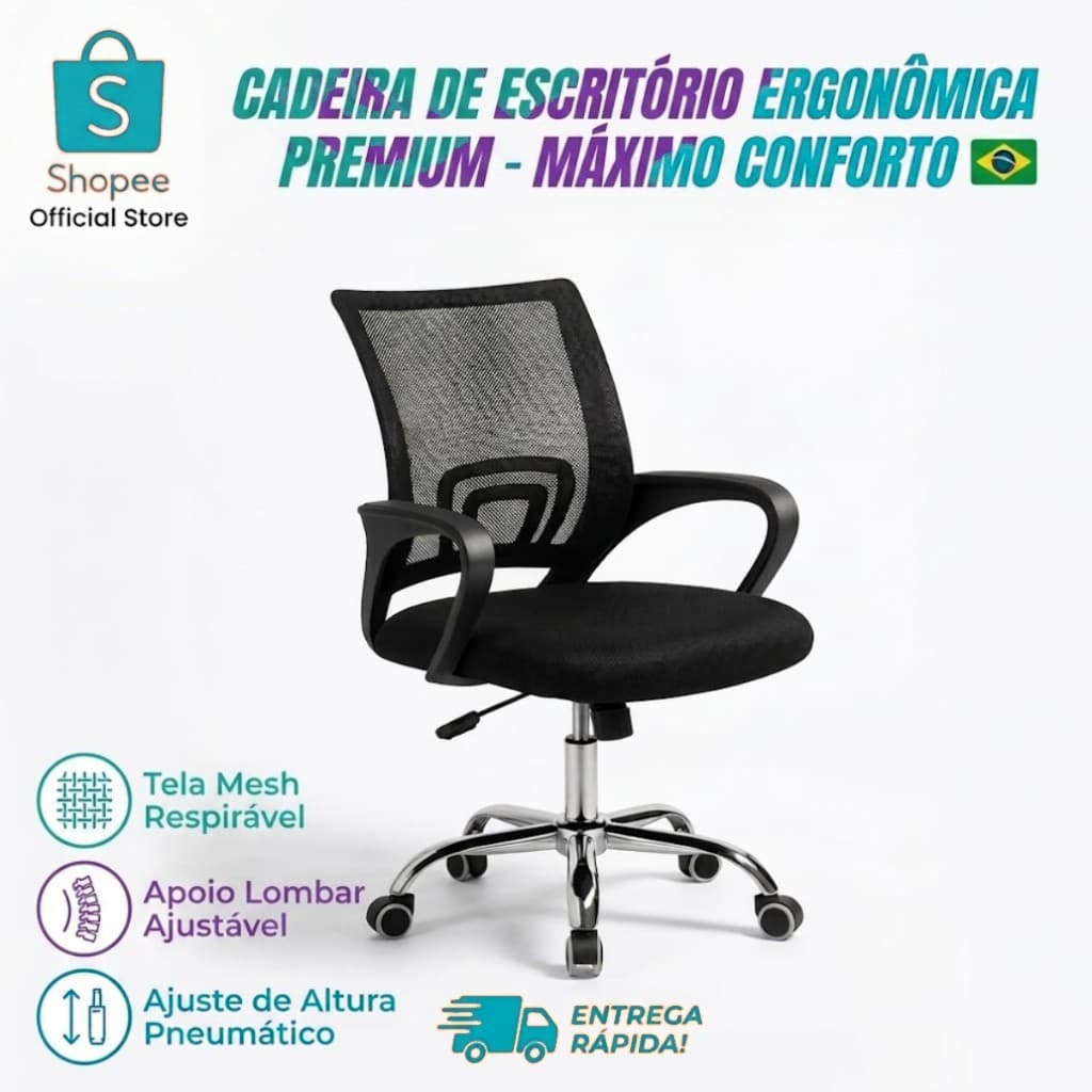 Cadeira Ergonômica de Escritório Giratória Tela Mesh Apoio Lombar Regulagem Altura Kit 2 Unidades