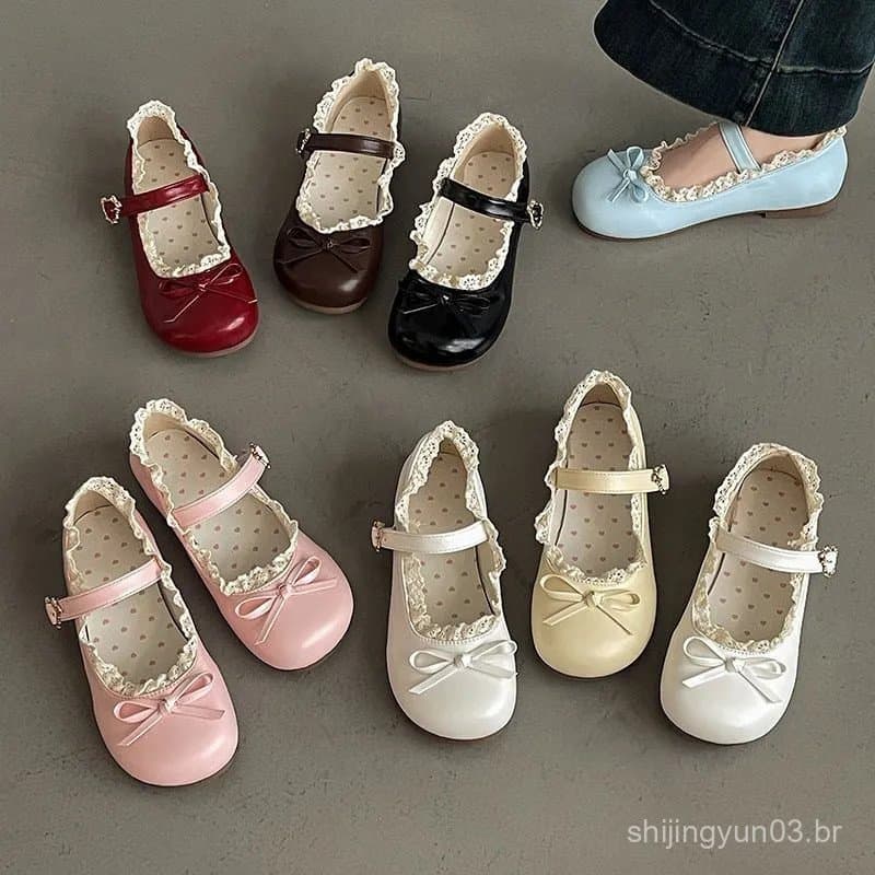 Sapatos Mary Jane Retrô de Bico Redondo com Laço e Cadarço Plano, Sapatos Femininos Franceses de Couro com Sola Macia BC