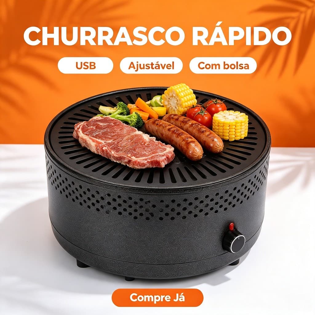 Churrasqueira Portátil a Carvão Multifuncional Ventoinha Dupla Alimentação com Bolsa Camping