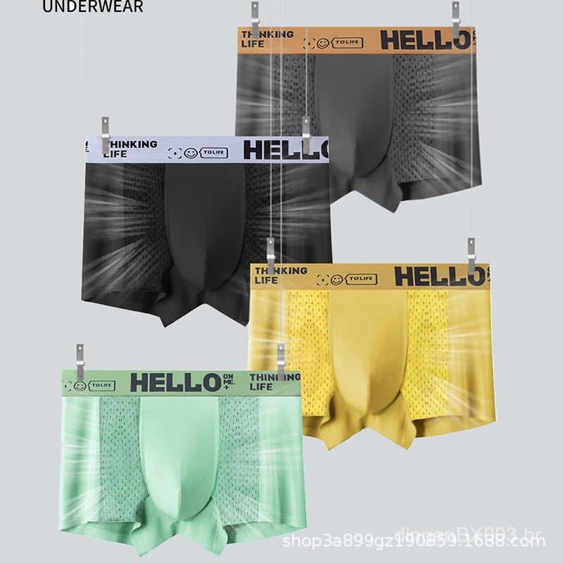 Olá, cuecas masculinas de malha de seda gelada, shorts boxer esportivos masculinos, cuecas de secagem rápida com efeito