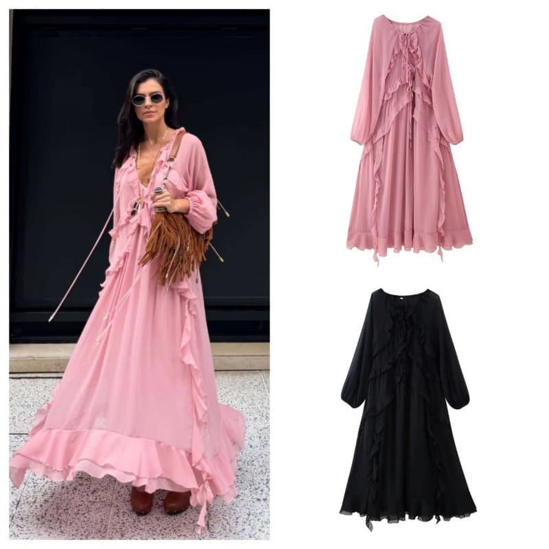 Vestido simples de manga comprida da ZA Fashion com babados em camadas e decote em V.