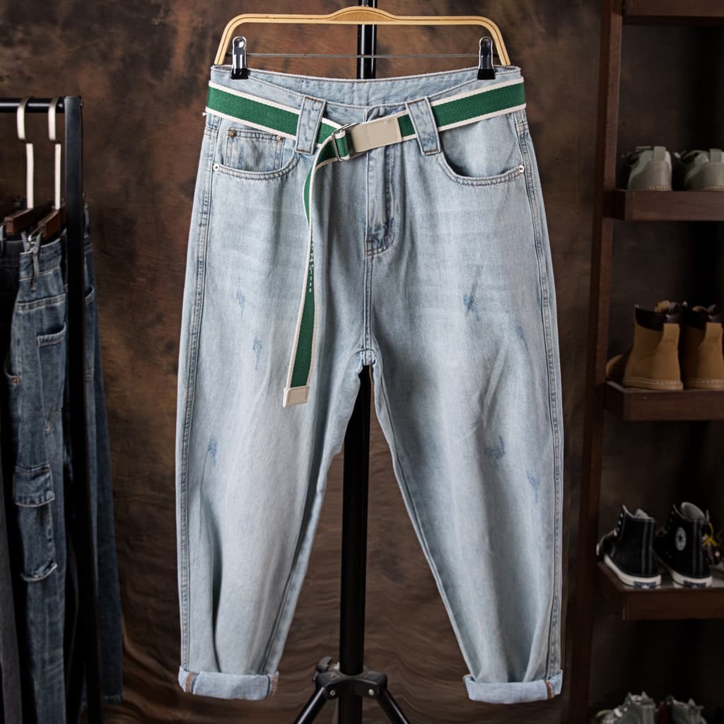 Cor clara Micro-cônico Jeans masculino primavera médio novo estilo lavado branco estilo simples solto All-Match puro alg
