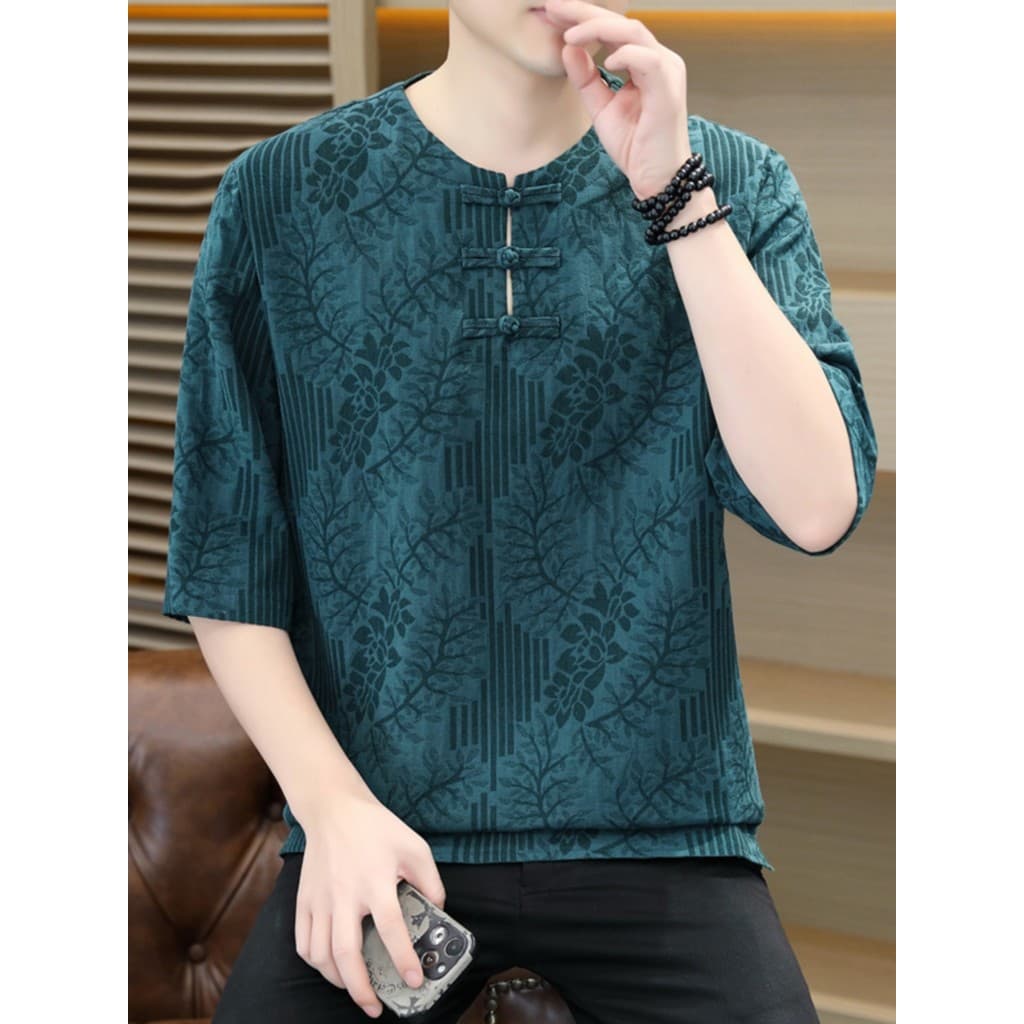 Estilo chinês de manga curta camiseta masculina verão impresso seda gelo em torno do pescoço meia manga camiseta juventu
