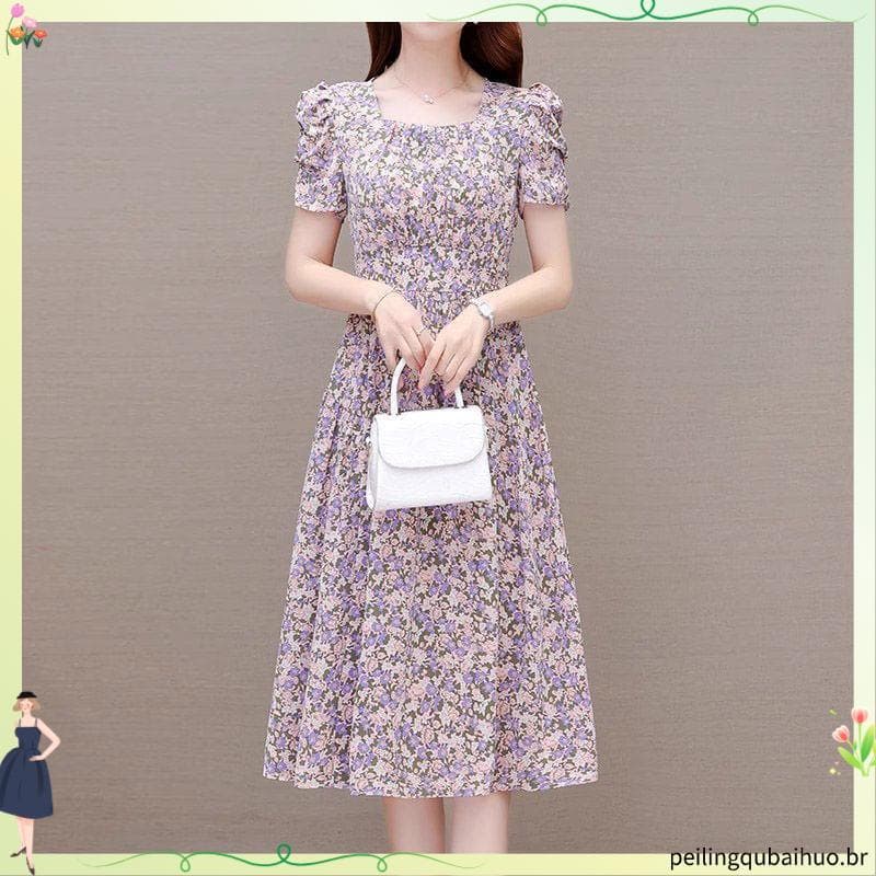 Estilo ocidental pescoço quadrado impresso vestido de manga curta mais magro olhar elegante temperamento verão cintura e