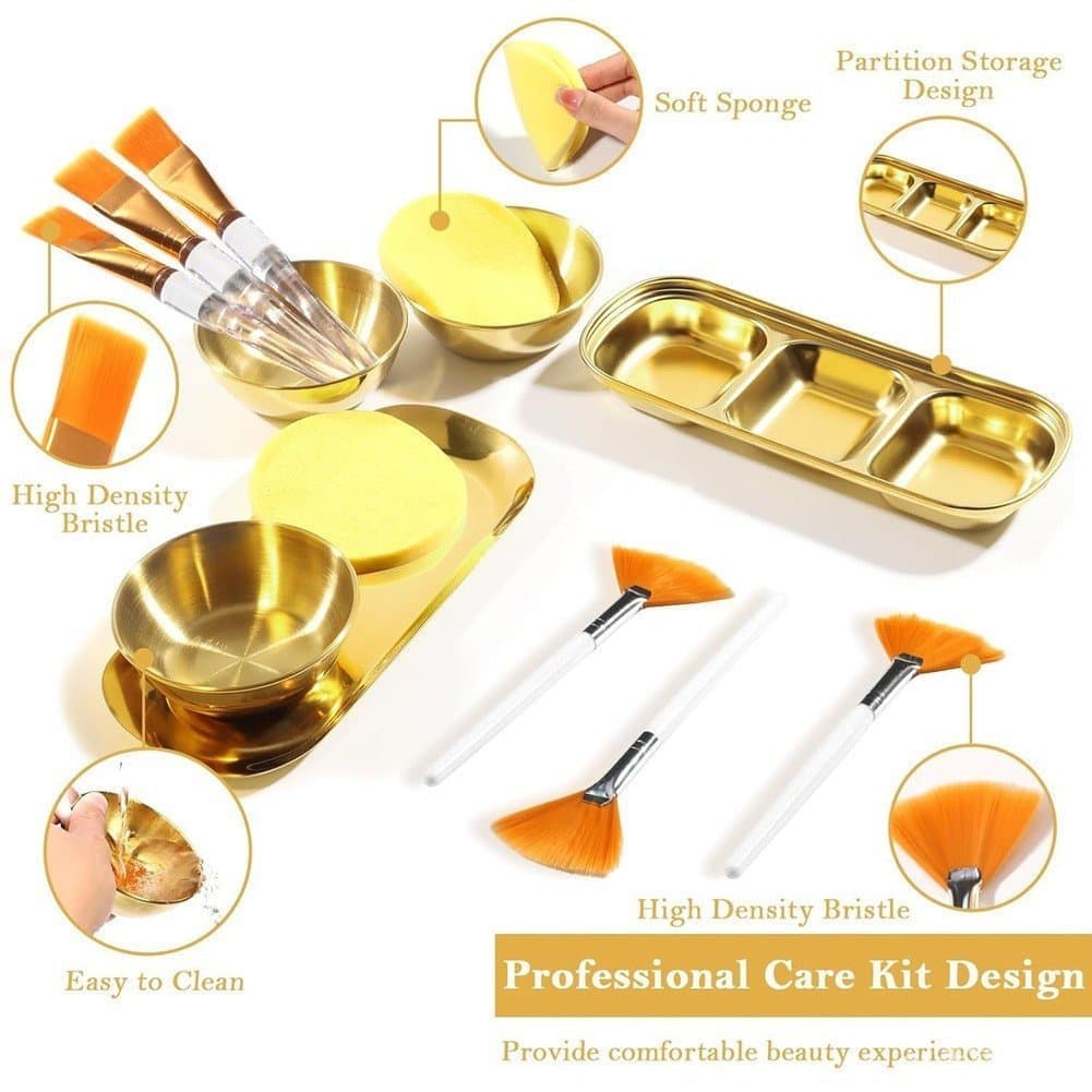 Conjunto de 23 peças para cuidados faciais, feito de aço inoxidável, inclui 6 escovas, 3 tigelas e 12 esponjas.