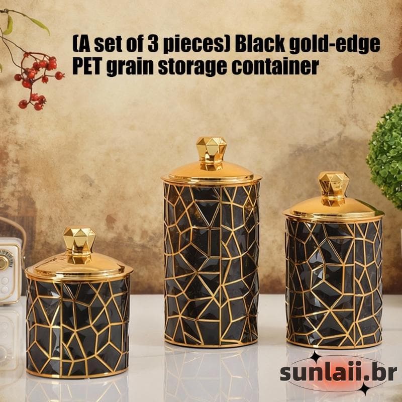 Vasilhas De Plástico SUNLAII PET Com Acabamento Dourado Conjunto De 3 Potes Herméticos De Armazenamento A Seco