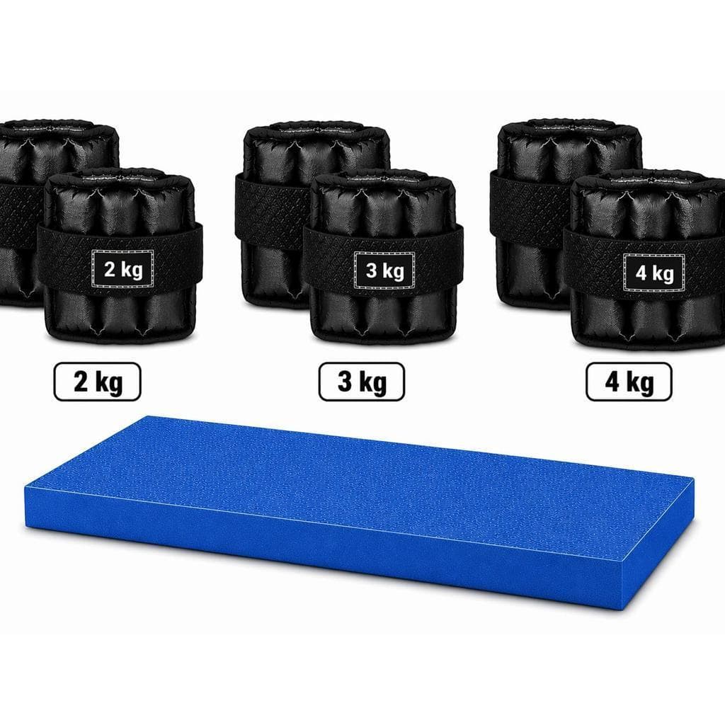 Kit Fitness Caneleiras Pares 2kg 3kg 4kg Pretas + Colchonete Azul 90x40x3cm Academia Musculação Treino