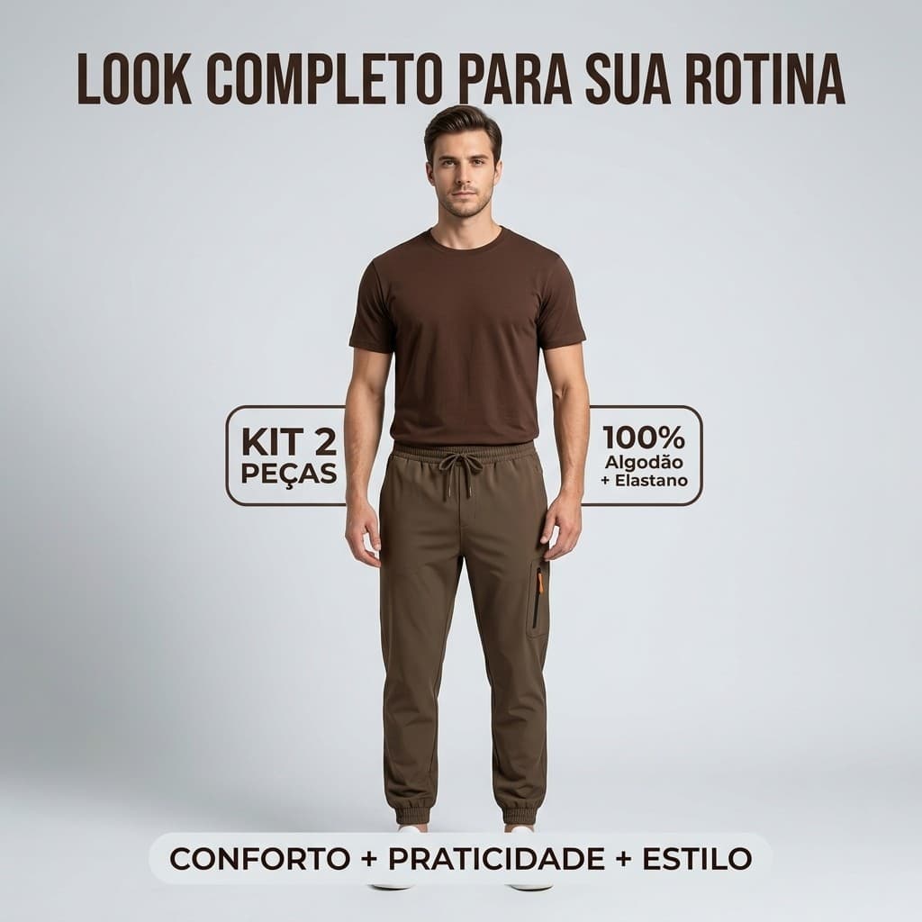 Conjunto Masculino Camiseta 100% Algodão + Calça Jogger Elastano Kit 2 Peças Casual Esportivo Academia