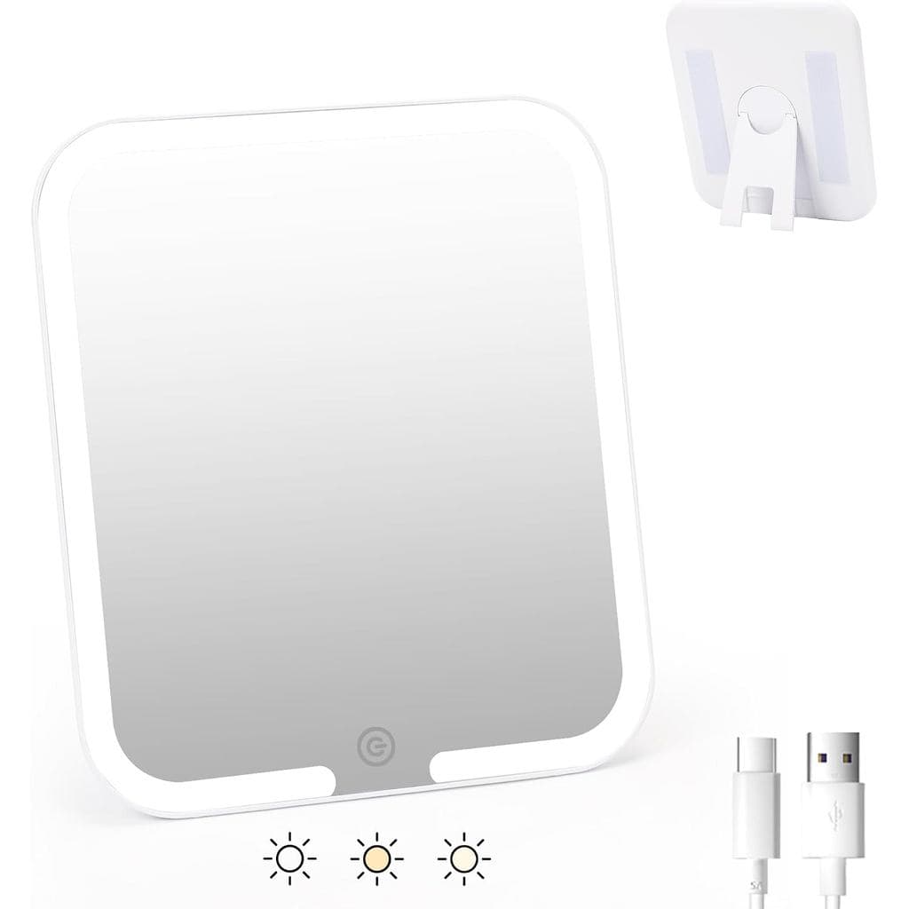 Espelho de Maquiagem Recarregável para Viagem, Espelho de Beleza Portátil com Iluminação, 3 Cores de Luz com Suporte de