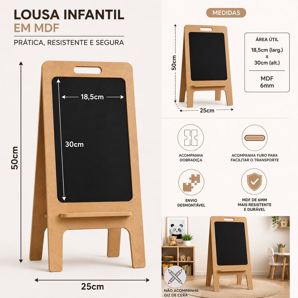 Kit Lousa Montessori com Banquinho em Madeira Natural – Educação Infantil e Decoração