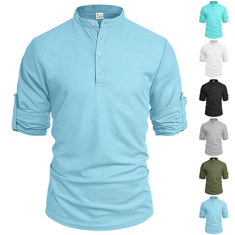 Camisa polo masculina de manga comprida verão Casual respirável botão gola alta camisa polo xadrez