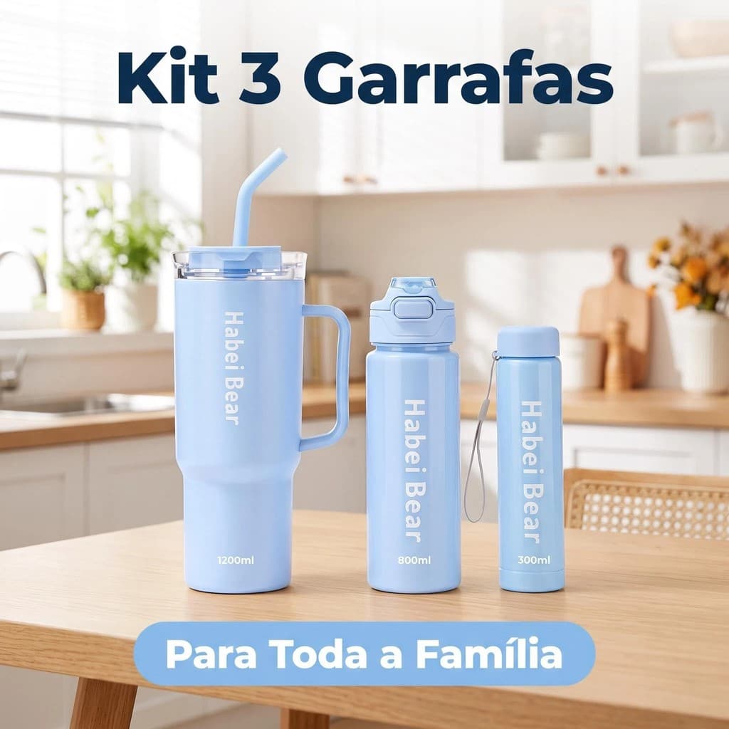 Kit 3 Garrafas Água 1.2L 800ml 300ml Squeeze BPA Free Com Canudo Para Academia