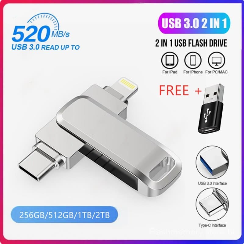 Unidade i-Flash 1 Tb 2 USB-C 2 Em 1 OTG Drive Pendrive Para iPhone17/16/15/13/12/11/X/8/7/6 Android PC