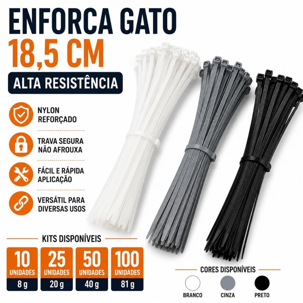Abraçadeira Enforca Gato 18,5cm Nylon Reforçado Kit com 10 25 50 ou 100 Peças para Organização de Fios e Cabos