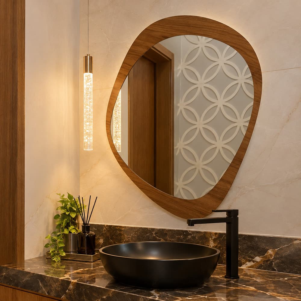 Espelho Orgânico Ravena com Moldura de Madeira 80x60cm– Espelho Decorativo Moderno para Banheiro, Lavabo e Quarto