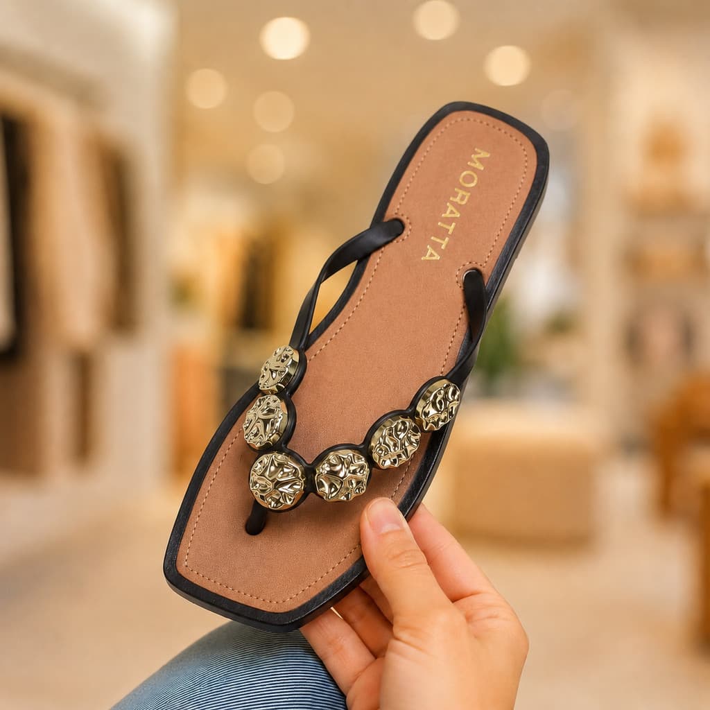 Chinelo Feminino Rasteirinha Bico Quadrado Medalhas Douradas Rasteira de Dedo