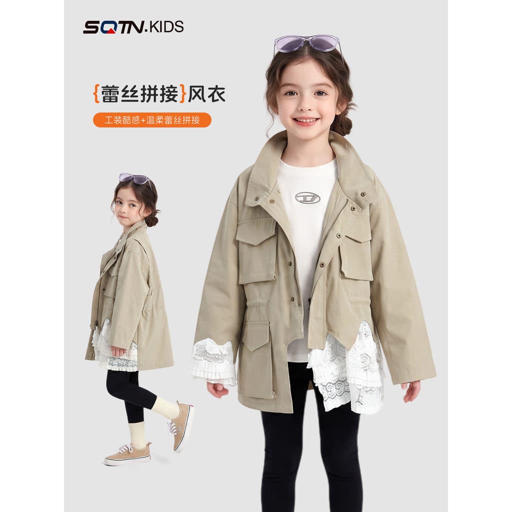 Meninas blusão jaqueta primavera outono 2026 novo estilo meninas Multi-bolso estilo ferramentas renda costura meados de