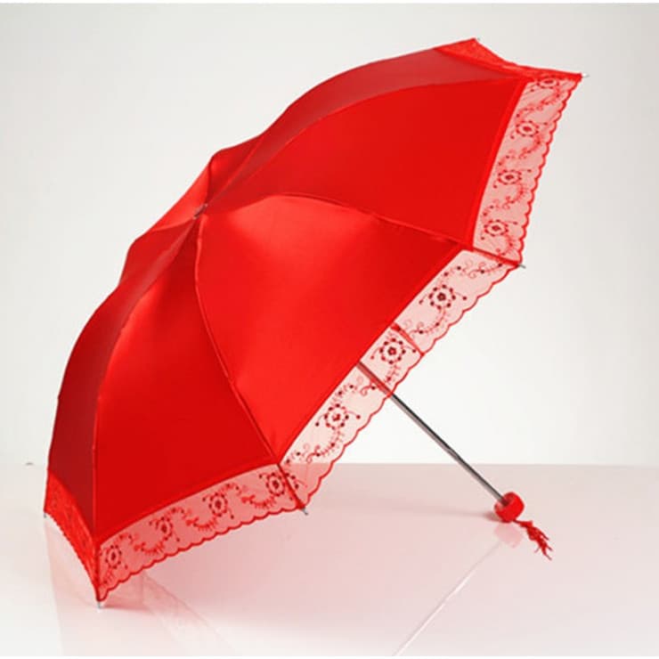 Grande borda de renda vermelha guarda-chuva dobrável Anti-ultravioleta guarda-sol de aço inoxidável suprimentos de casam