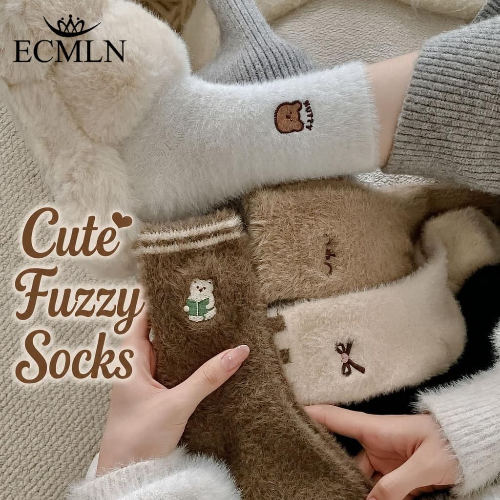 ECMLN 1/3/4 Pares Femininos Bordados Urso Fuzzy Meias De Cano Médio Macio Fofo Quente Inverno Casa Chão Dormir