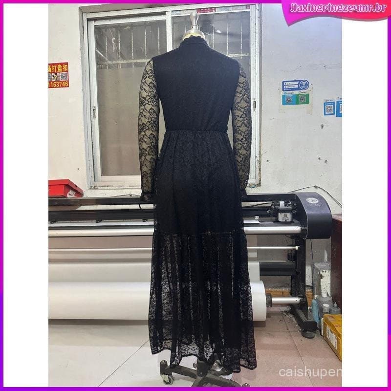 Vestido de Festa Longo Solto de Tule Estampado com Cinto e Manga XEFY