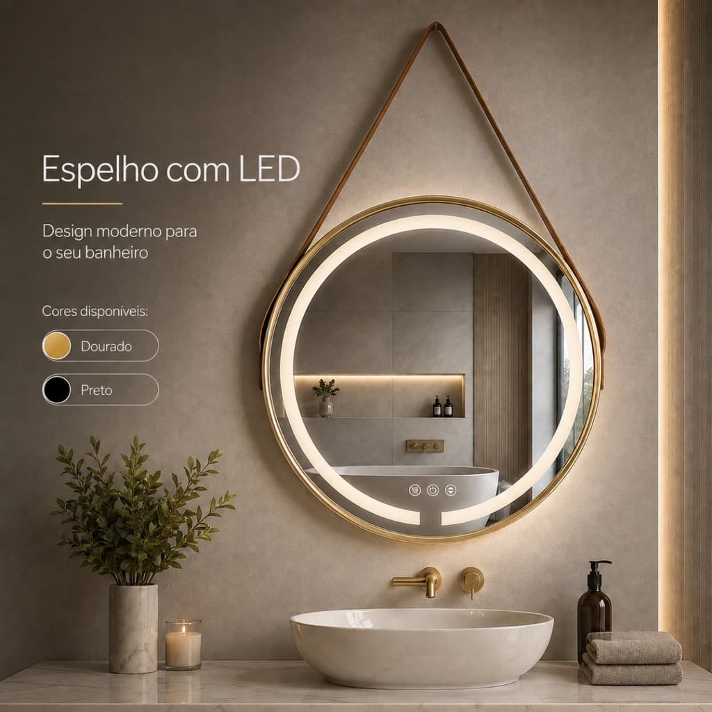 Espelho Redondo LED Touch para Banheiro Penteadeira Decorativo Moderno Iluminado com Alça Dourado ou Preto 53cm Parede
