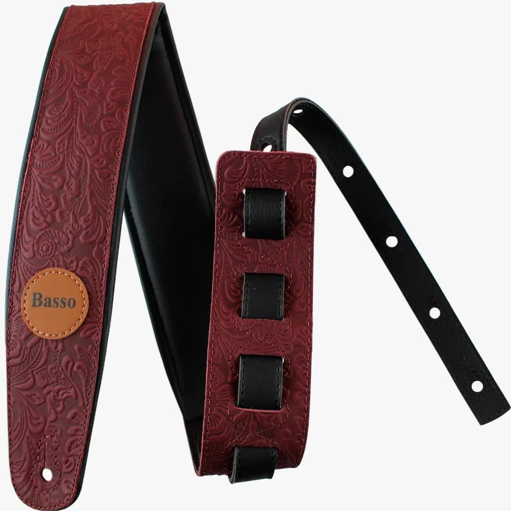 Correia Alça Guitarra Violão Baixo Basso Couro Floral Bordô Ajustável Ponteiras Reforçadas VT SL 53