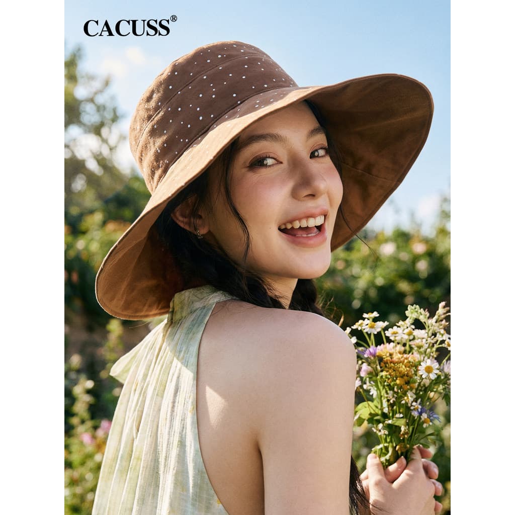 CACUSS Chapéu de sol feminino verão francês bolinhas aba grande chapéu de sol férias ao ar livre proteção ultravioleta c