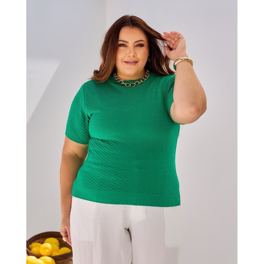 Blusa Plus Size Modal Premium Tricô Manga Curta Texturizada Confortável Elegante Casual Tricot Moda