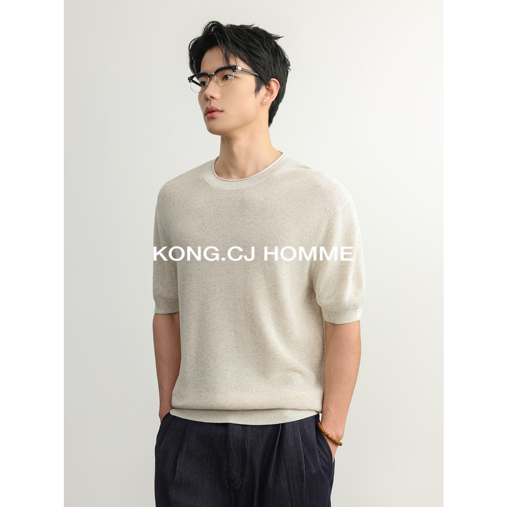 KCJ Tencel linho legal malha de manga curta camiseta masculina em torno do pescoço verão abacaxi agulha velho dinheiro e