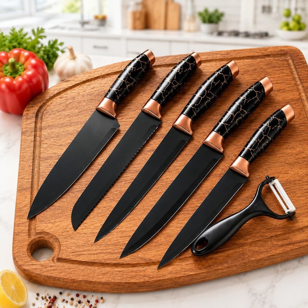 Kit Facas de Cozinha 6 Peças Aço Inox Cabo Marmorizado Preto e Cobre Chef Pão Carnes Legumes com Descascador