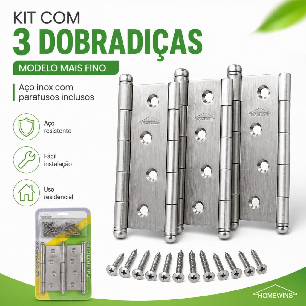 Kit 3 Dobradiças Finas em Aço Inox com Parafusos, para Portas, Armários, Móveis e Madeira, Alta Durabilidade