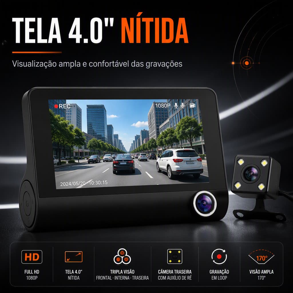 Câmera Veicular DVR Full HD 1080P Tela 4” com Câmera Frontal Interna e Ré WDR Gravação em Loop para Carro