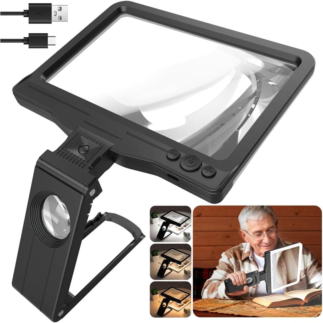 Lupa Recarregável 30X 5X para Leitura, Lupa Grande de Página Inteira com Suporte Dobrável, 3 Modos de Luz Colorida, Ilum