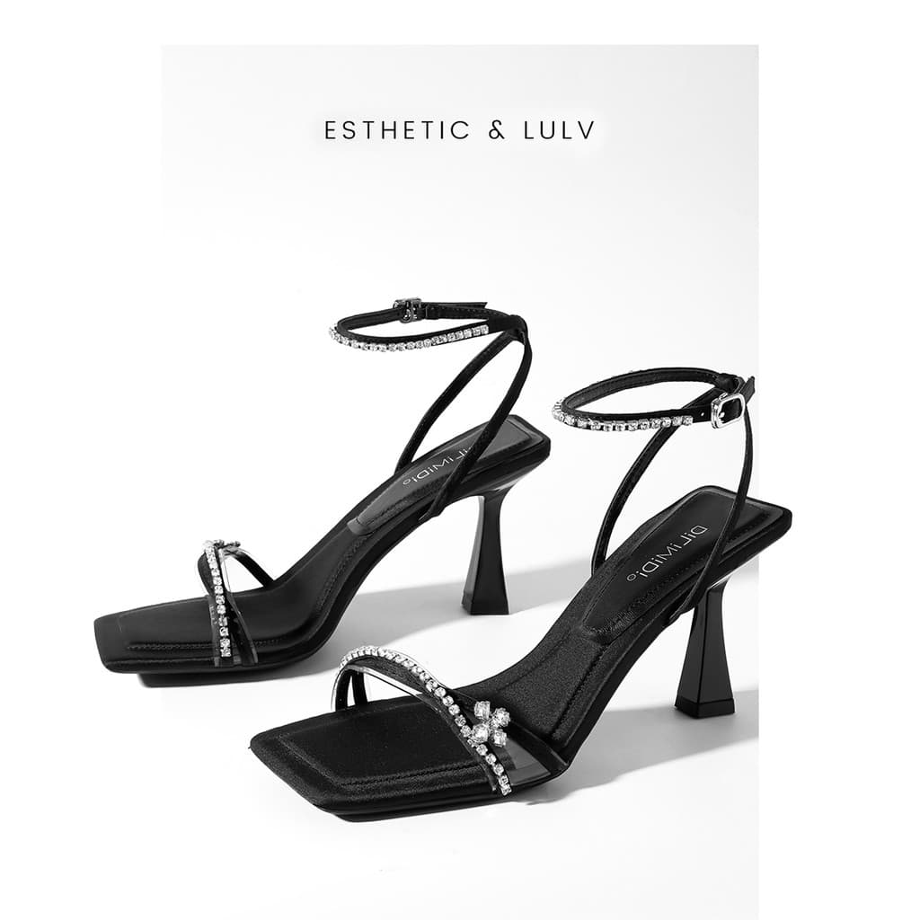 Preto dedo do pé quadrado sandálias de alça plana feminino verão 2025 novo estilo bonito estilo francês strass Stiletto